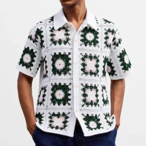 Custom Handmade Crochet Shirt Square Short Sleeve Knit Top Oversized Button Sweater Polo T-shirt Men’s
