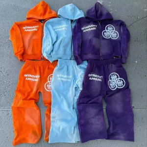 Custom Heavy Weighted Cotton Sweatsuits Acid Wash Sun Faded Screen Print Sweatsuits Zipper Hoodies Wide Pants Men’s 2 Piece Set