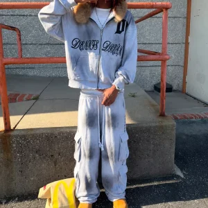 Custom Heavyweight 2 Piece Acid Washed Multi Pocket Sweatpants Sun Faded Embroidery Zip Up Hoodies And Joggers Set Tracksuit