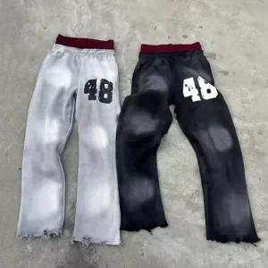 Custom Heavyweight Baggy Fit Sweatpants Distressed Acid Wash Joggers Wide Leg Men’s Pants Double Waist Flare Sweatpants