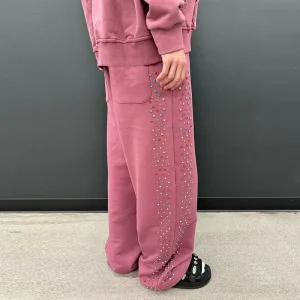 Custom Heavyweight Cotton Wide Leg Track Pants Oversized Fit Men Wide Leg Rhinestone Baggy Sweatpants