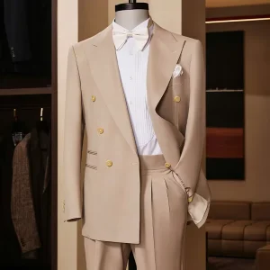 Custom High End Warm Beige Men’s Polyester Blazer Suit With Gold Tone Buttons Fit Sharp Cut For Business Banquet Occasions