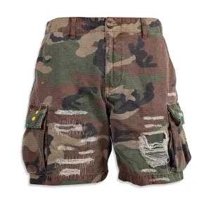 Custom High Quality Heavy Weight Paint Splatters Cargo Camouflage Camo Jeans Shorts Pants Men