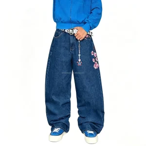 Custom High Quality Men’s Floral Embroidered Denim Jeans Pants Unisex