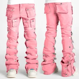 Custom High Quality Men’s Straight Jeans with Pocket Layered Style with Rivets Washed and Faded Y2K Jeans for Men
