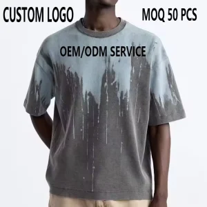 Custom High Quality Men’s T-shirt Heavyweight Sweatshirt Crew Neck Abstract Print Casual Loose Knit Washed Fashion T-shirt