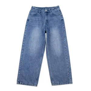 Custom High Quality Vintage Faded Blue Whisker Distressed Loose Fit Streetwear Classic Heavyweight Cotton Denim Men’s Jeans