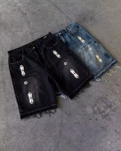 Custom High-Waisted Straight Mid-Rise Stonewashed Denim Shorts with Custom Logo Gems Casual Summer 100% Cotton Men’s Shorts
