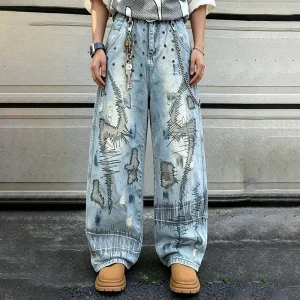 Custom Hip Hop Eyelet Hole Embroidered Baggy Denim Pants Acid Wash Distressed Straight Wide Leg Jeans Trousers for Men