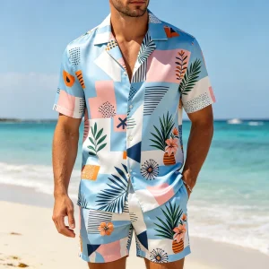 Custom Ice-Cool Geometric Tropical Print With Camp Collar Men’s Silk-Like Blend Beach Hawaiian Shirt Vacation 2-Piece Set