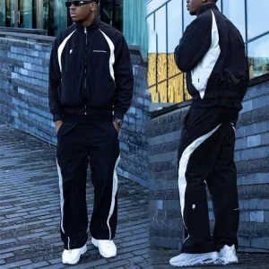 Custom LOGO Multi-color Patchwork Zip up Windbreaker Polyester Tracksuits Jacket and Pants Jogger Sets Men Nylon Track Suit