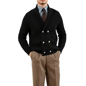 Custom LOGO OEM & ODM Men’s Winter Knit Cardigan Jacket with Cowl Neck Warm Long Sleeve Sweazer Coat for Casual