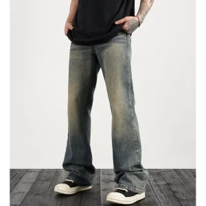 Custom Label Drop Ship Stock Street Wear Stock Baggy Jeans Manufacturer Men Blue Painted Stacked Flared Denim Jeans