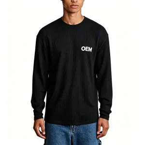 Custom Logo 100% Cotton 265GSM Waffle Knit Anti Wrinkle Breathable Anti Shrink Men O Neck Long Sleeve Loose T Shirt OEM Factory