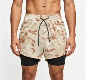 Custom Logo 100% Polyester 120GSM Knitted Lightweight Quick Dry Long Camo 2-in-1 Men Athletic Gym Running Sports Shorts for Men