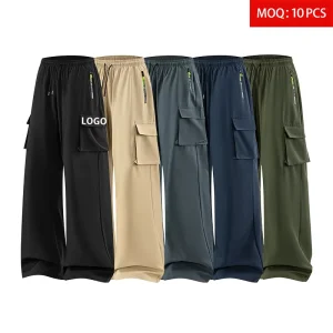 Custom Logo 120g Woven 100% Polyester Cargo Pants Heat Transfer Printing Men’s Elastic Waist Wide Leg Outdoor Casual
