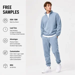 Custom Logo Breathable Quarter Zip Collar Fleece Sweatshirt Jogger Pants 2 Piece Set Men’s Casual Streetwear