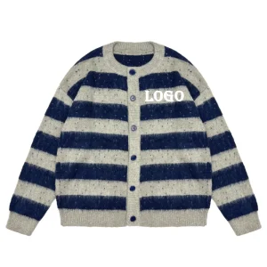 Custom Logo Cardigan Men Brushed Mohair Fuzzy Oversized Jacquard Knit Sweater Drop Shoulder Knitwear Men’s Sweater Cardigan