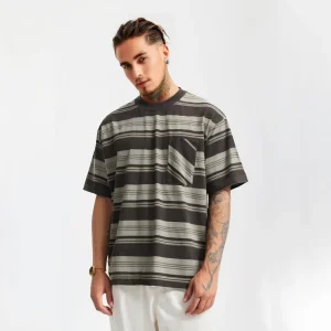 Custom Logo Crew Neck Short Sleeve Striped Design Pocket T-shirt Loose Fitting Streetwear Men’s T-shirt