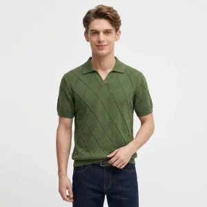 Custom Logo Embroidered Breathable Knitted 100% Cotton Men’s Shirt with Solid Pattern Short Sleeve Culture Stand Collar