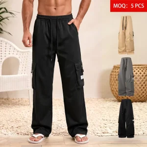 Custom Logo Men’s 145GSM Multi Pocket Cargo Pants Elastic Waist Drawstring Wide Leg Label Patch Streetwear Trousers