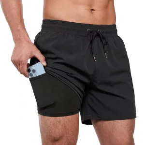 Custom Logo Men’s Black Plain 2-in-1 Elastic Waist Swim Shorts Quick Dry Anti-Chafe Liner Board Shorts With Pocket