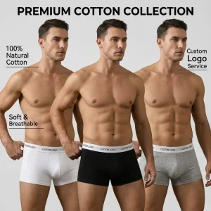 Custom Logo Men’s Breathable Knitted Cotton Boxer Briefs with Waist Logo White/Black/Gray Colors OEM/ODM Design