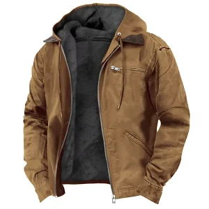 Custom Logo Men’s Casual Cotton-Padded Jacket Velvet Zipper Pocket Solid Color Hooded Jacket