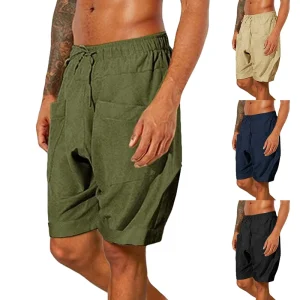 Custom Logo Men’s Casual Linen Shorts Elastic Waist Drawstring Loose Fit Summer Beach Shorts with Pockets for Men