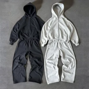 Custom Logo Men’s Cotton Blank Plain Tracksuit Sweat Suits Cropped Boxy Zip up Hoodie and Flared Sweatpants Set Men