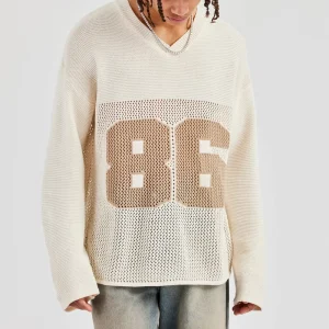 Custom Logo Men’s Drop Shoulder Crew Neck Long Sleeve Mesh Street Knitwear Hollow Mesh Knit Varsity Football Jersey Knit Sweater