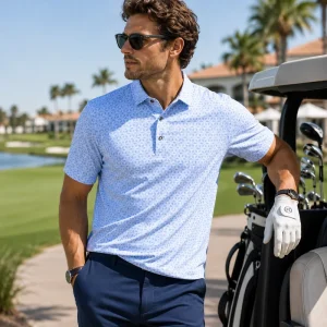 Custom Logo Men’s Geometric Print Golf Polo Moisture-Wicking Breathable 4-Way Stretch Performance Shirt