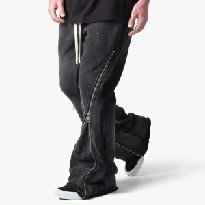 Custom Logo Men’s Heavyweight Stacked Flare Pants Zipper Streetwear Baggy Trousers OEM Polyester Cotton