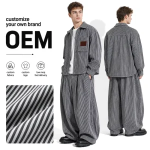 Custom Logo Men’s Heavyweight Stripe 2 Piece Set Oversized Boxy Shirt Wide Leg Pants Vintage Workwear Vibe Streetwear OEM