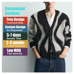 Custom Logo Men’s Mohair Cardigan Sweater Fuzzy Knitwear Long Sleeve V Neck Button Design Jacquard Winter Casual Coat Breathable
