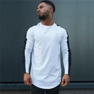 Custom Logo Men’s T Shirts Long Sleeve Outdoor Running Sportswear 100% Cotton Gym Sports Top with Solid Pattern Blank Design