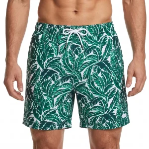 Custom Logo Men’s Tropical Leaf Print Swim Shorts 100% Polyester Quick Dry Drawstring Board Shorts For Beach