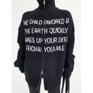 Custom Logo Men’s Turtleneck Jacquard Cardigan Sweater Casual Letter Knitwear Zipper Winter 100% Cotton Breathable Fitness