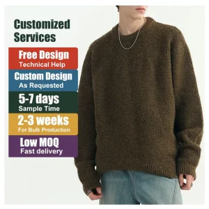 Custom Logo Men’s Wool Blend Sweater Oversized Streetwear Chunky Textured Knitwear Heavyweight Drop Shoulder Pullover Jumper