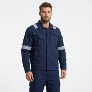 Custom Logo Men’s Workwear Coverall Set Navy Blue Reflective Safety Uniform Multi Pocket Mechanic Overalls Heavy Duty Work Suit