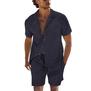 Custom Logo New Men’s Casual Polyester Cotton Rhinestone Embellished Short Sleeve Lapel Shirt Shorts Set Summer Solid