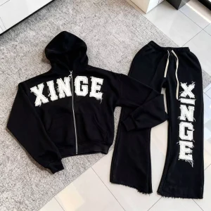 Custom Logo OEM 100% Cotton Patch Distressed Embroidery Regular Fit Zip Streetwear Tracksuits Autumn Waterproof