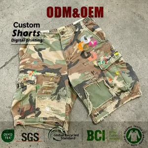 Custom Logo OEM Camo Cargo Shorts Cotton Twill Fabric Distressed Patchwork & Paint Splatter Baggy Streetwear