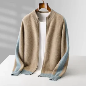 Custom Logo OEM Winter Men’s 100% Pure Wool Knit Coat Color Block Warm Knitwear Loose Jacket Men Zipper Cardigan Knitted Sweater