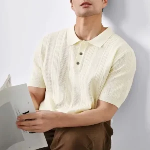 Custom Logo Oem Pullover Solid Knit T-shirt Top Jumper Hollow Out Short Sleeve Casual Men’s Polo Neck Knitted Sweater