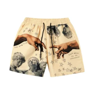 Custom Logo Plus Size Polycotton Bermuda Shorts for Men Heat-transfer Printing Mens Leisure Knitted Shorts with Drawstring