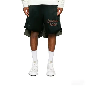 Custom Logo Puff Print Embossed Men’s Distressed Ripped Drawstring Elastic Waist Shorts Oem Streetwear Summer Cotton Shorts