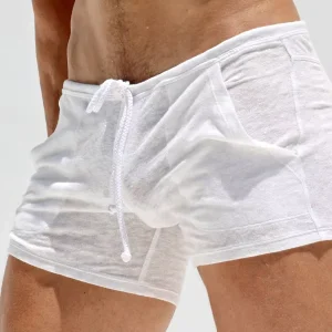Custom Logo Pure Plain Low Waist Men’s Shorts Sexy Hot Breathable Transparent Ultra-Thin Men’s Shorts with Drawstring