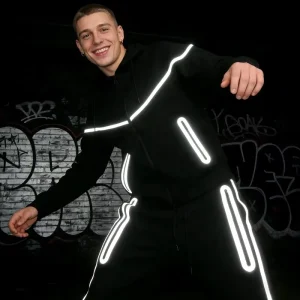 Custom Logo Reflective Hoodie Set Men Athletic Tech Fleece Tracksuit Clothing Manufacturer Street Sportwear with Glowing Stripes