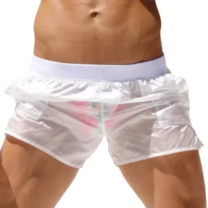 Custom Logo Sexy Men’s Transparent White Swimwear Men Beach Shorts Quick Dry Surfing Boardshorts Beach Shorts Swim Trunk